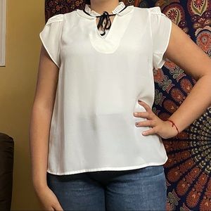 White High Neck Blouse w Black Tie